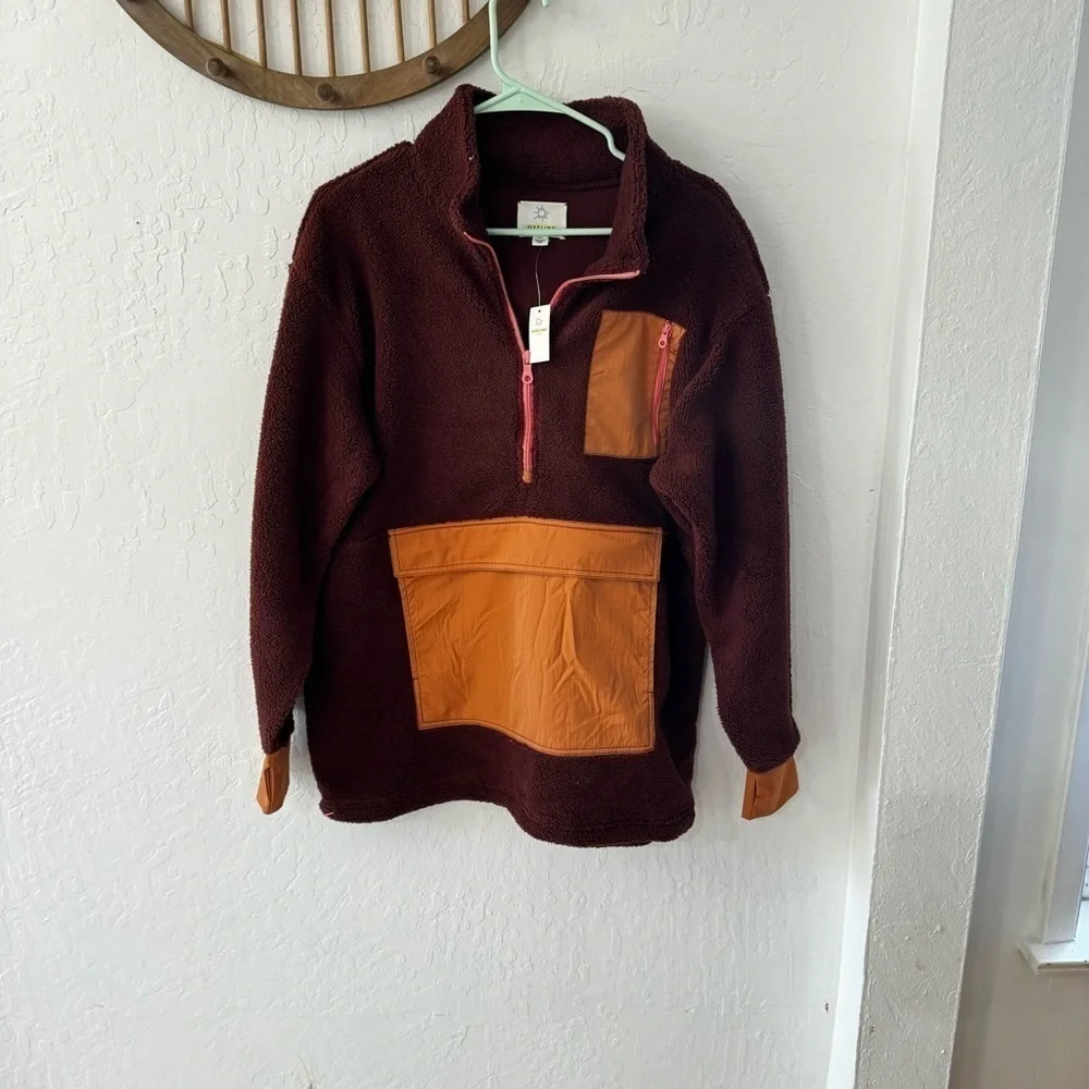 Aerie Offline Burgundy Orange Pink Pullover Sherpa Quarter Zip Pockets M - Picture 3 of 7